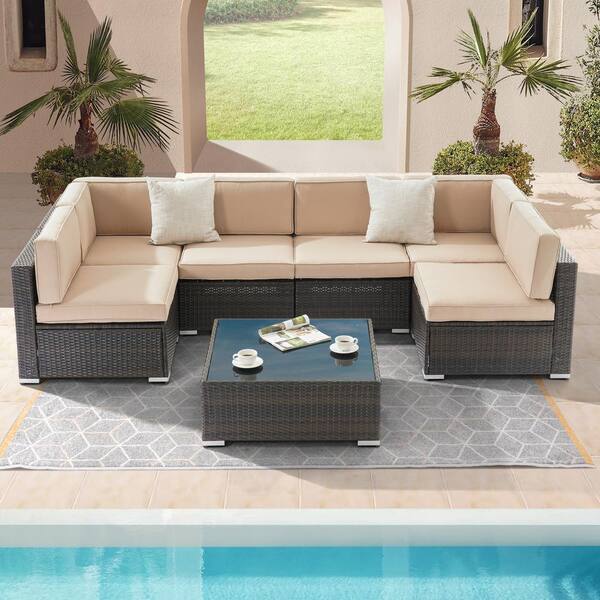 7-Piece Rattan Wicker Patio Conversation Sectional Seating Set with Sand Cushions