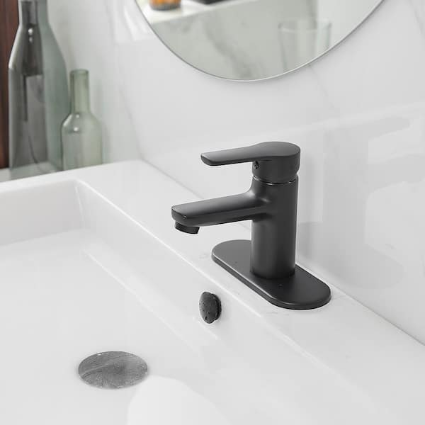 Single Handle Waterfall Vanity Faucet in Matte Black with Deck Plate and Drain