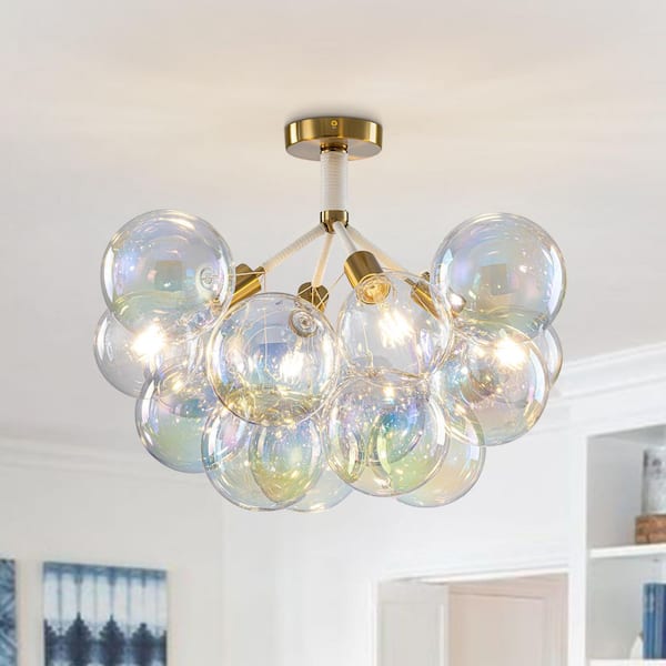 Alma 6-Light 24.8 in.W Brass and White Semi Flush Mount Chandelier with Rainbow Glass and LED Bulb Included for Kitchen