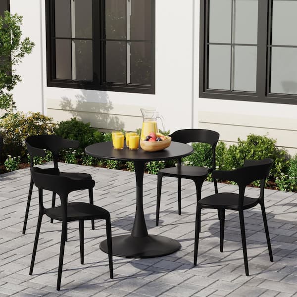 Frond and Form Outdoor Patio Modern Curved Back Poly Plastic Stacking Dining Side Chair (Set of 4), Black