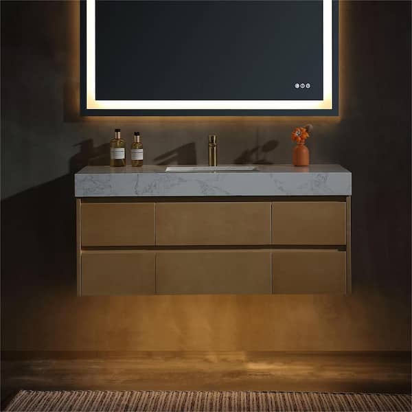 ANGELES HOME 48 in. W x 20 in. D x 21 in. H Single Sink Wall Bath Vanity in Maple with White Cultured Marble Top,LED Band,Soft Close