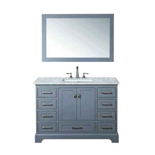stufurhome Newport 48 in. W x 22 in. D Vanity in Gray with Marble Vanity Top in Carrara White and Mirror