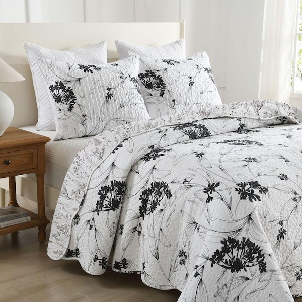 BY222 Black and White Botanical Floral King Size Polyester Quilt Bedspread Set