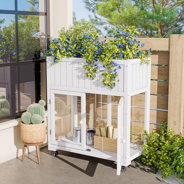 35.4 in. W x 17.7 in. D x 37.4 in. H Mini Wood White Greenhouse with Wheels