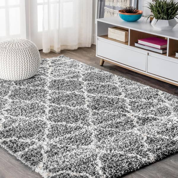 JONATHAN Y Susa Ogee Moroccan Trellis Shag Light Grey/Ivory 8 ft. x 10 ft. Area Rug