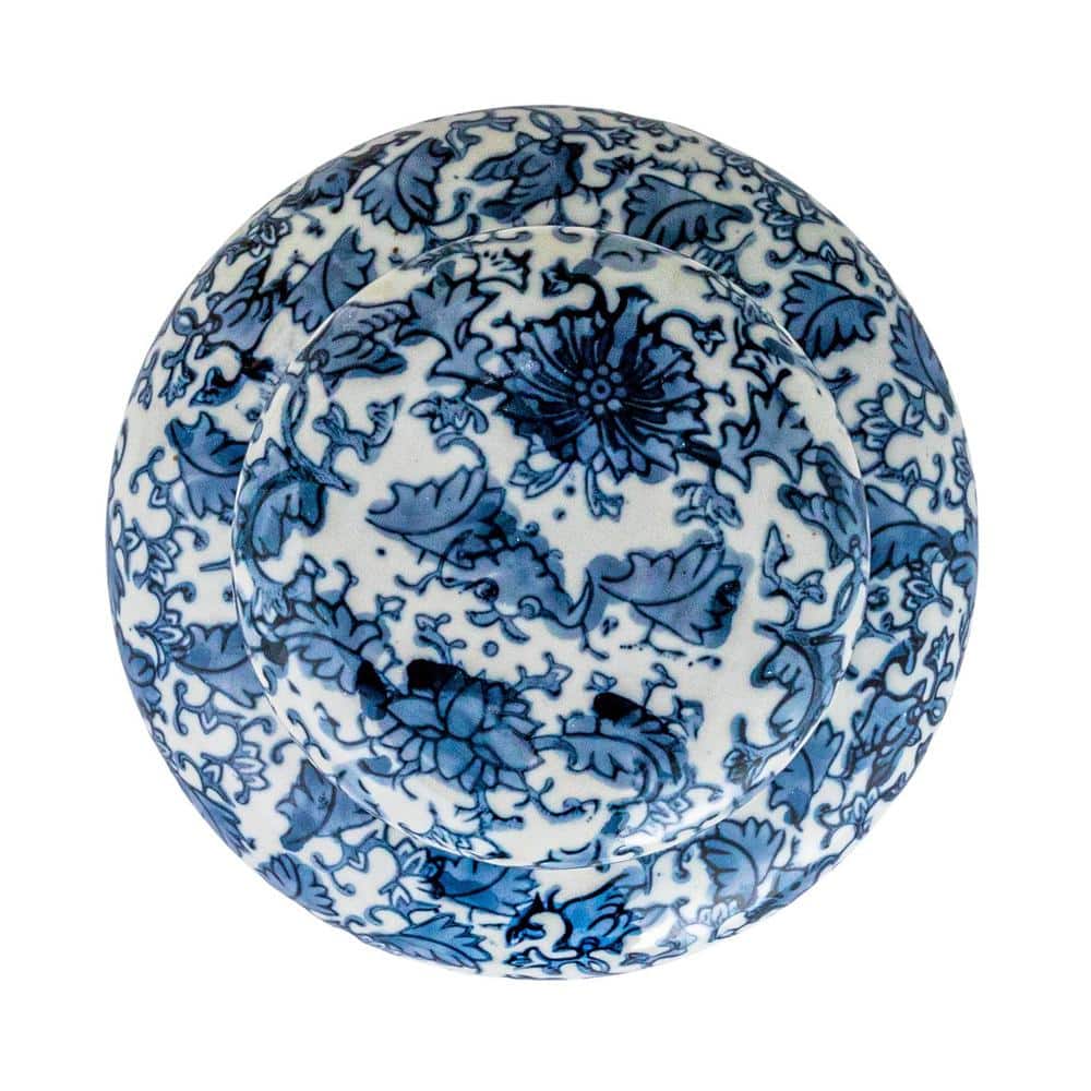 Blue and White Floral Ceramic Ginger Jar with Lid