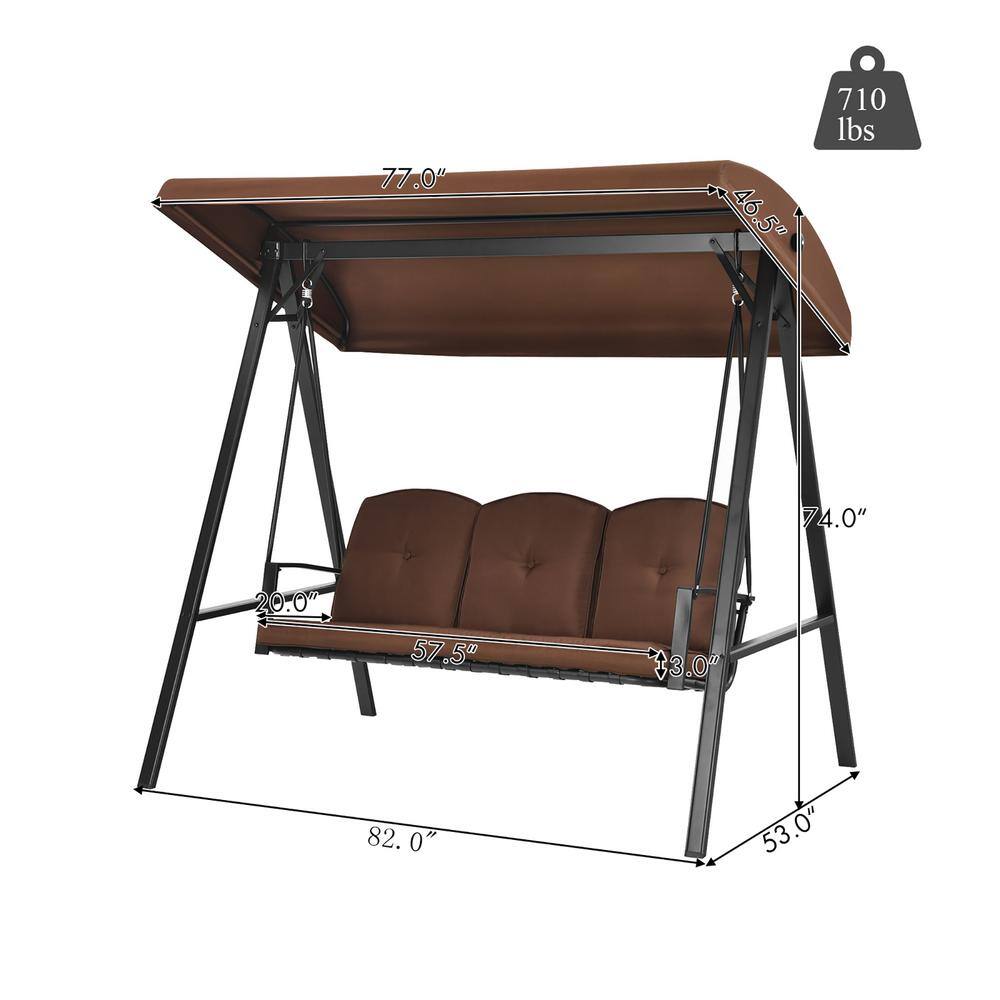 Brown Steel 3-Person Outdoor Swing with Adjustable Canopy