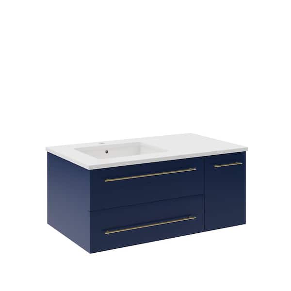 Lucera 36 in. Single Sink Wall Mount Royal Blue Bath Vanity with White Quartz Top and Undermount Sink - Left Version