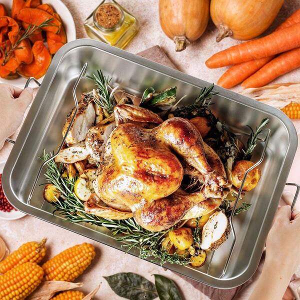 16 qt. Silver Stainless Steel Induction Oven-Safe Roasting Pan