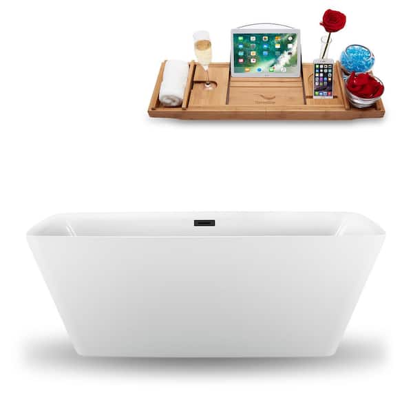 Streamline 59 in. Acrylic Flatbottom Non-Whirlpool Bathtub in Glossy White with Matte Black Drain and Overflow Cover