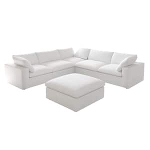 120.45 in. Square Arm 6-Piece Linen L-Shaped Modular Sectional Sofa Corner Cloud Couch in White with Ottoman