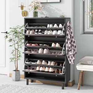 47.6 in. H x 31.5 in. W Black Shoe Storage Cabinet with Dark Brown Slits Design Panels, Flip Drawers and Hooks