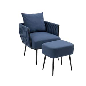 Modern Navy Blue Linen Accent Chair with Ottoman with Metal Frame