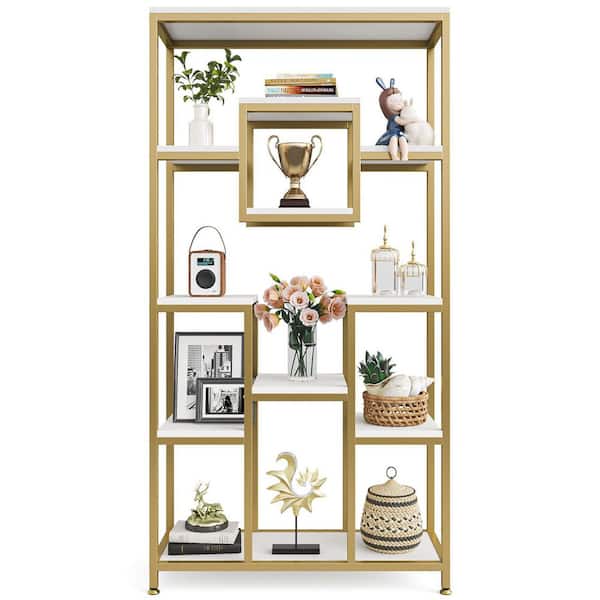 Tribesigns 71 Tall Bookshelf, 11 Tier Large Bookcase Open Display Shelf  Organizer for Home Office, White and Gold