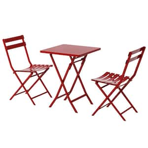 3 Piece Red Metal Patio Outdoor Bistro Set of Foldable Square Table and Chairs