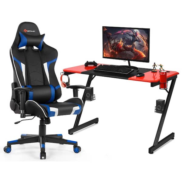 Costway Gaming Desk and Chair Set 48 in. Black Plus Red Z-Shaped Racing Style Desk with Black + Blue Massage Swivel Gaming Chair