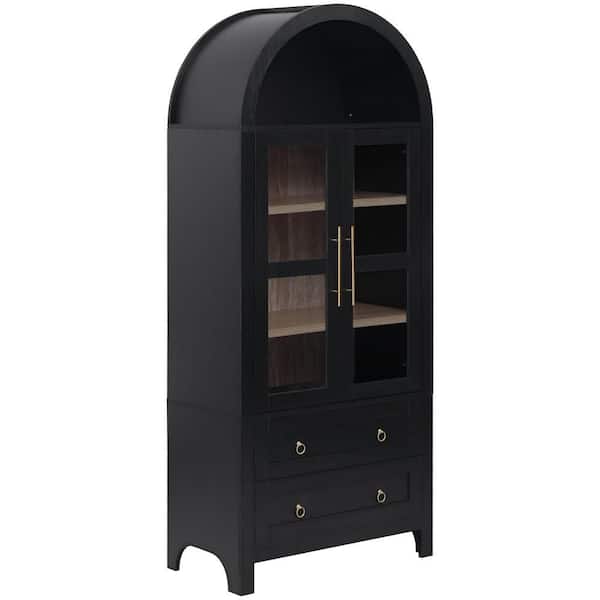 KK Arched Kitchen Pantry Cabinet with 2 Large Drawers, Adjustable Shelves, Glass Door, Cupboard, Black