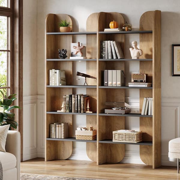 Eulas 70.87 in. Tall Light Brown Wood Double Wide Bookcase with 10 Black Open Shelves, Farmhouse Freestanding Bookshelf