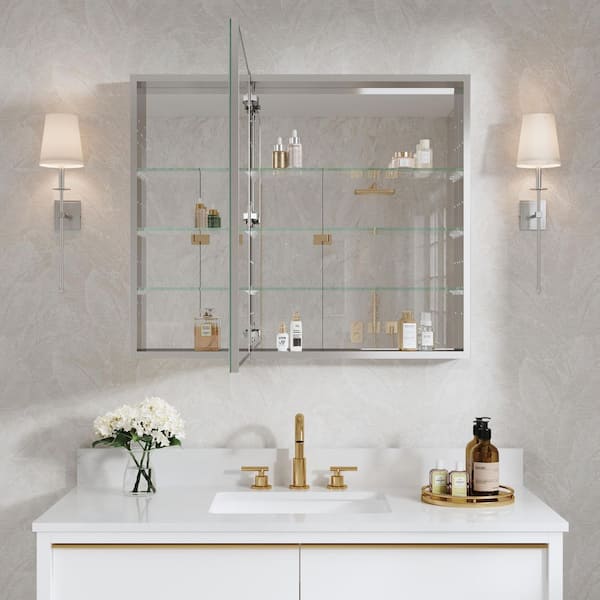 ROSA 36.1 in. W x 30 in. H Rectangular Tri-View Aluminum Medicine Cabinet with Mirror, Blum Hinge, Adjustable Shelves