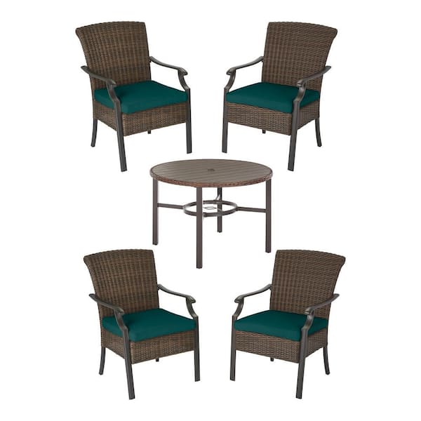 Hampton Bay Harper Creek 5-Piece Brown Steel Outdoor Patio Dining Set with CushionGuard Malachite Green Cushions