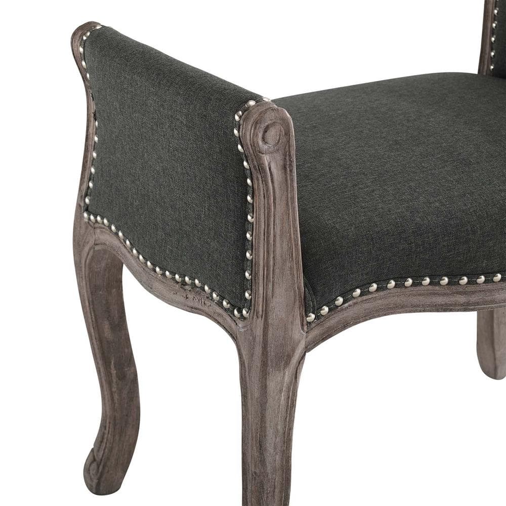 Gray Vintage French Upholstered Fabric Bench with Nailhead Trim