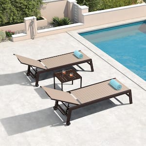 Aluminum Bronze Frame Metal Outdoor Chaise Lounge Patio Lounge Chair with Side Table and Wheels, Light Tan