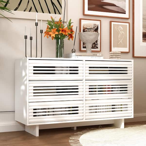 FUFU&GAGA White Wooden 29.5 in. Height x 47.2 in. Width Storage Cabinet, Chest of Drawers with 6 Wooden Strip Surface Drawers