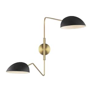 Jane 7 in. W 2-Light Matte Black and Burnished Brass Adjustable Wall Sconce
