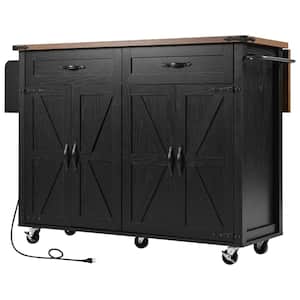 Farmhouse Black Drop Leaf Solid Wood Tabletop 54 in. Rolling Kitchen Island with Power Outlet, Spice Rack and Drawer