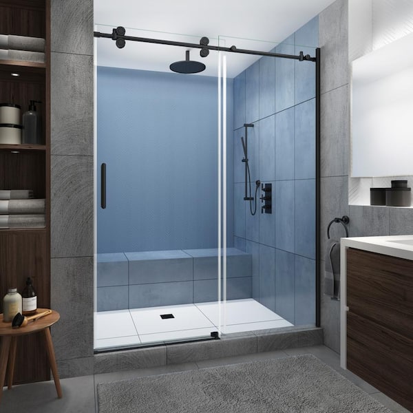 Aston Langham XL 64 in. - 68 in. x 80 in. Frameless Sliding Shower Door with StarCast Clear Glass in Matte Black, Left Hand