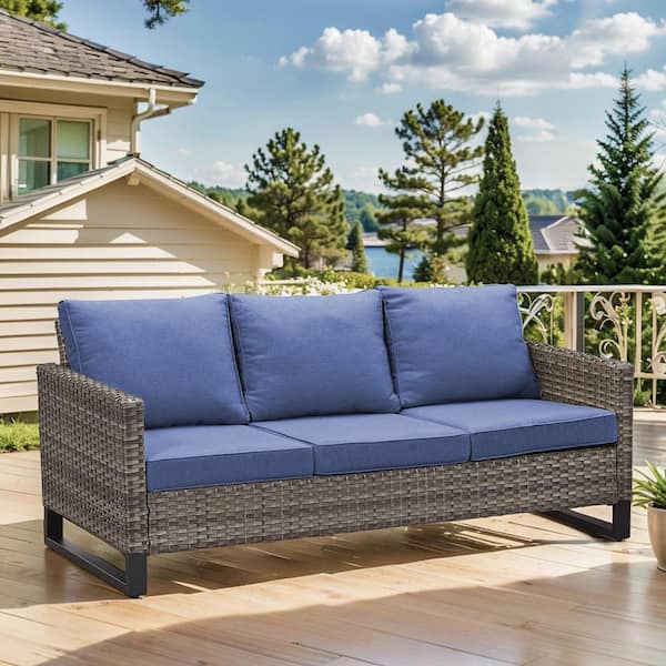 Opohoro Gray Wicker Outdoor Couch, Rattan Wicker 3-Seat Sofa High Back Couch with Navy Blue Cushions for Garden Backyard