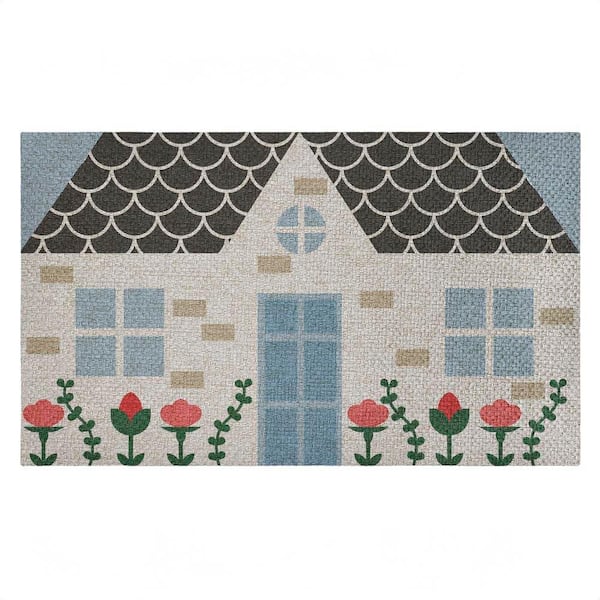 Quaint Cottage Garden Blue 18 in. x 30 in. Polyester Non-Slip Outdoor Door Mat