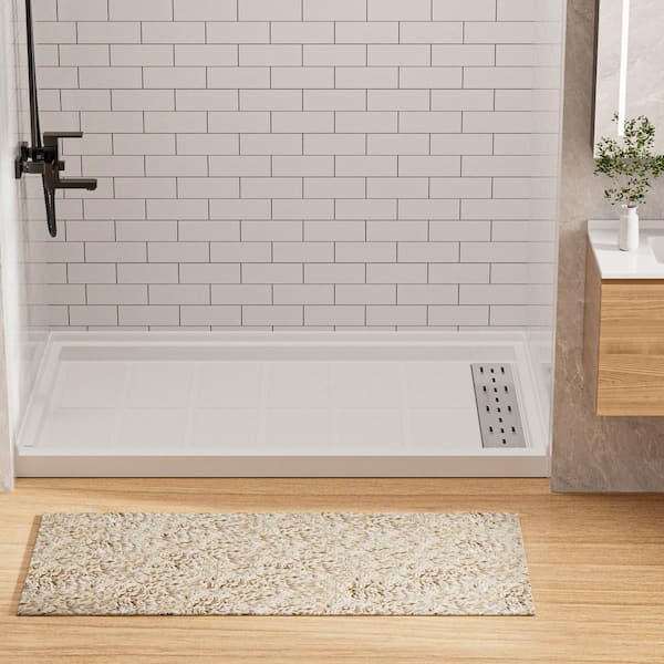 KW 60 in. L x 36 in. W Alcove Solid Surface Shower Pan Base with Right Drain in White with Brushed Nickel Cover