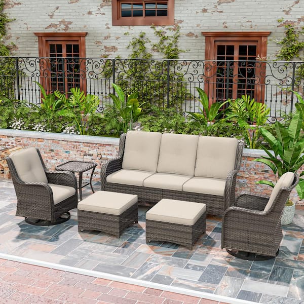 MeetLeisure 6-Piece Wicker Outdoor Sectional Sofa Set Patio Conversation with Beige Cushions