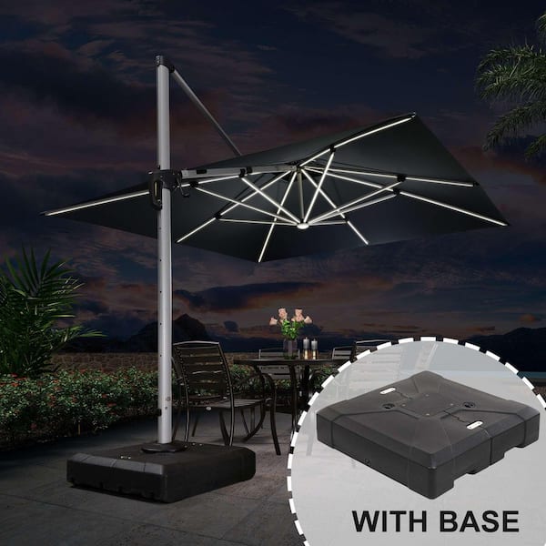 11 ft. Square Aluminum Solar Powered LED Patio Cantilever Offset Umbrella with Stand, Gray