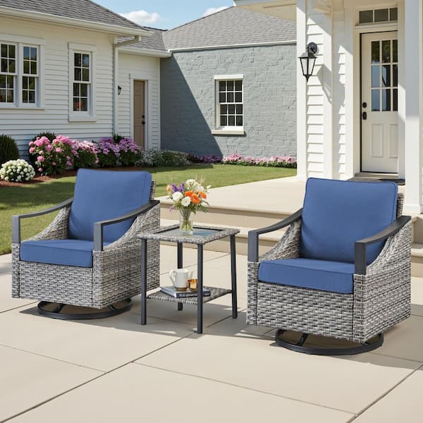 Buenaola Nyajiah 3-Piece Gray Wicker Outdoor Rocking Chair with Blue Cushions