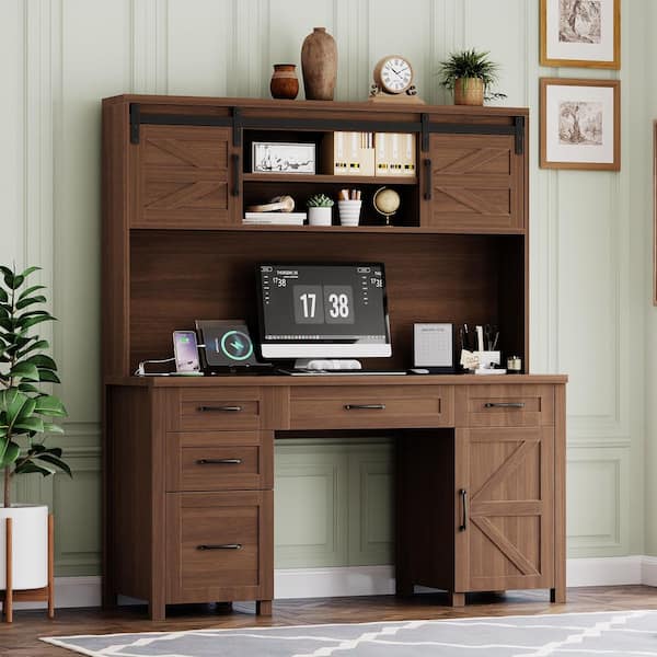 Felicity Farmhouse Executive Desk 61 in. Walnut 5-Drawer Computer Desk with Storage Bookcase, Hutch, 2 Sliding Doors