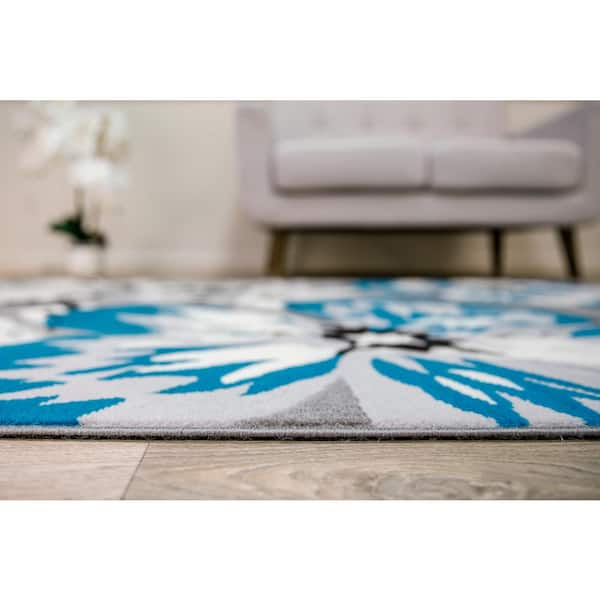 Modern Comtemporary Floral Design Blue 2 ft. x 7 ft. 2 in. Indoor Runner Rug