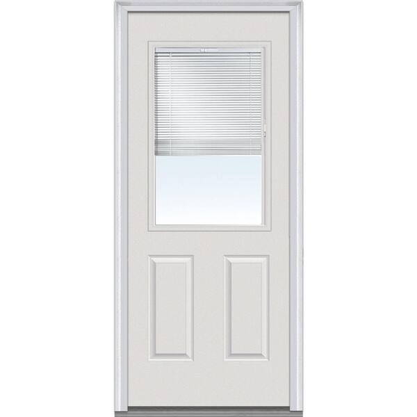 Milliken Millwork 32 in. x 80 in. Internal Mini Blinds Clear Glass 1/2 Lite 2-Panel Primed White Steel Prehung Front Door