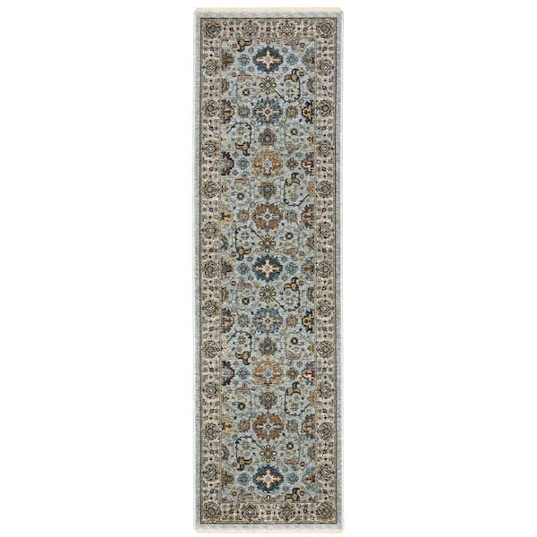Ambrose Blue/Ivory 2 ft. x 8. ft. Vintage Oriental Medallion Polyester Fringe Edge Indoor Runner Area Rug