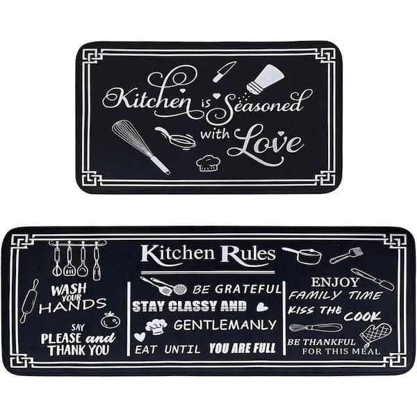 Non Skid Indoor Black Kitchen Rugs Sets of 2, Size 17"x 47"+17"x 30"