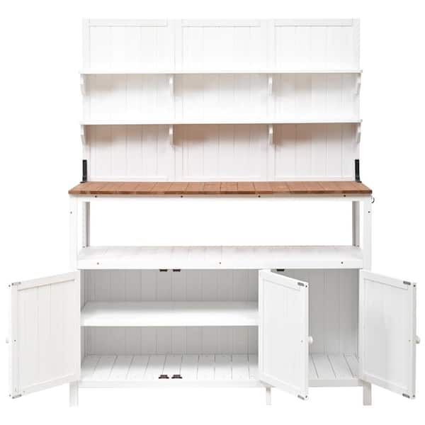 50.2 in.W White Solid Wood Potting Bench, Outdoor Garden Workstation with Storage Cabinets and Side Hooks