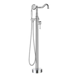 Classic Vintage Floor Mount 2-Handle Freestanding Tub Faucet with Hand Shower and Water Supply Hoses in. Polished Chrome