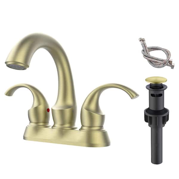 Lukvuzo Deck Mounted Double Handle Mid Arc Bathroom Faucet with Drain Kit Included in Brushed Gold
