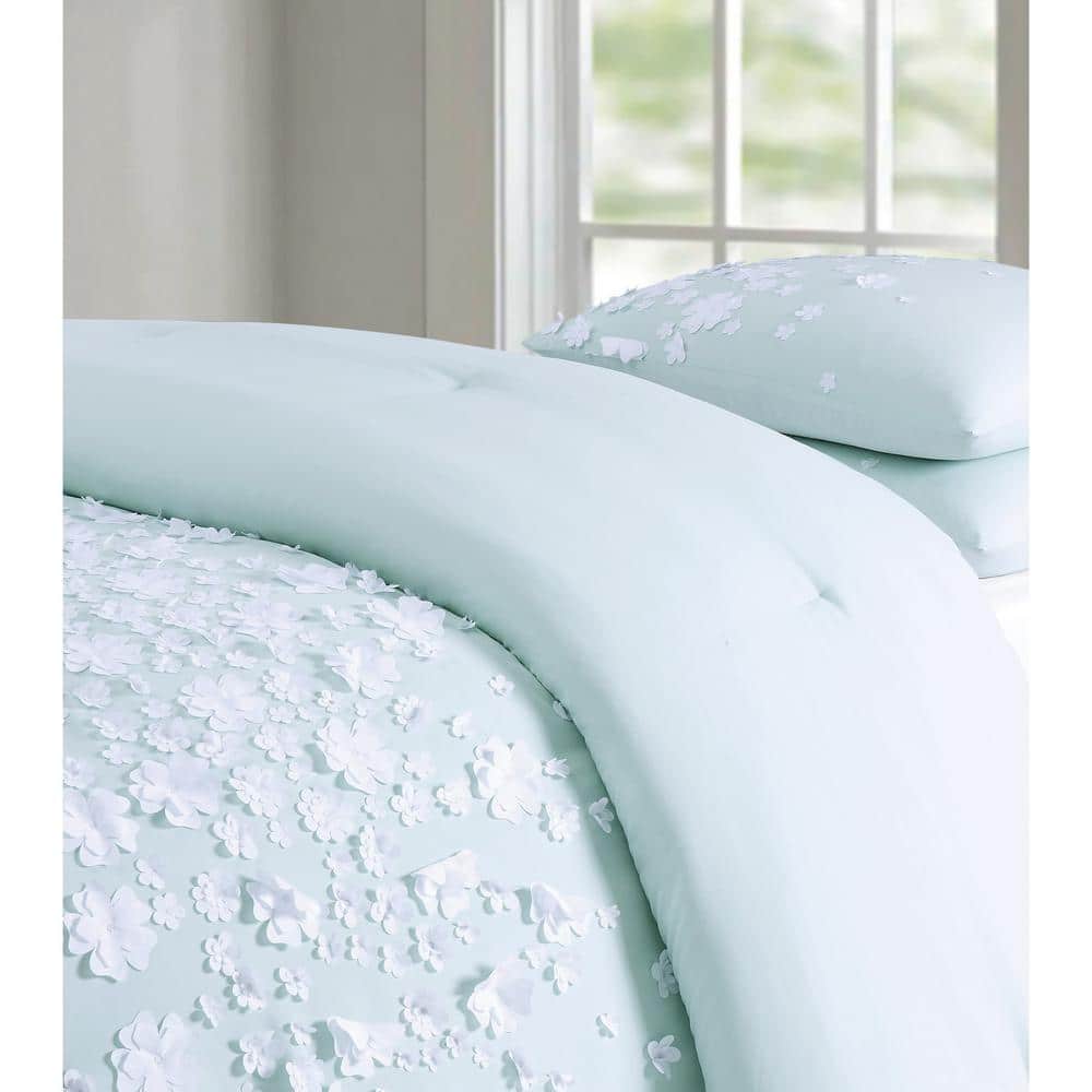 Mint Microfiber Full/Queen Duvet Set with Floral Applique