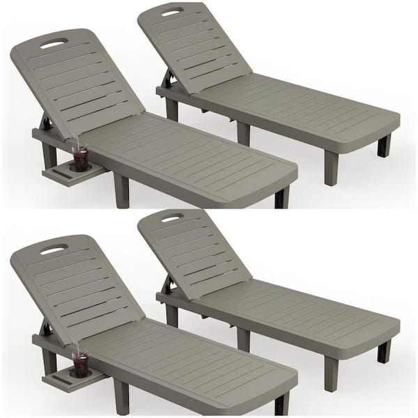 ELPOSUN Gray Adjustable Waterproof Oversized Resin Outdoor Patio Chaise Lounge Chair with Cup Holder, Pool, Deck(Set of 4)