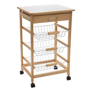 3 Tier Pinewood Basket and Drawer Kitchen Cart