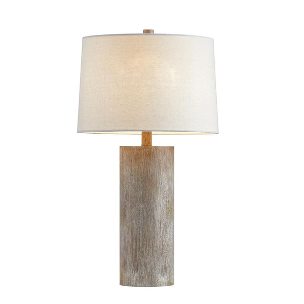 KAWOTI 25 in. Cylinder Polyresin Table Lamp in Distressed White Wood Finish