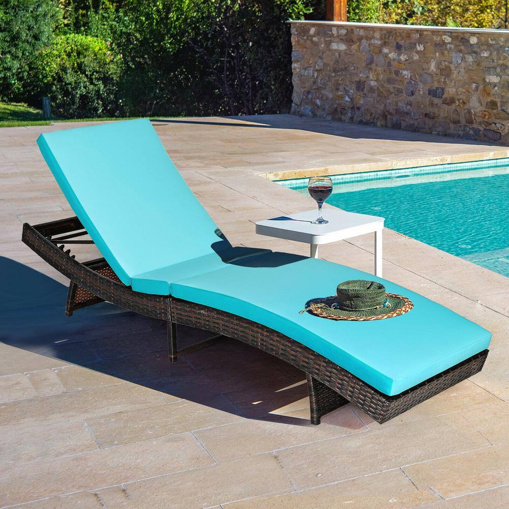 Turquoise Foam Cushion Brown Steel Frame Adjustable Outdoor Lounge Chair