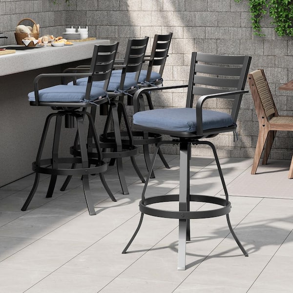 Swivel Cast Aluminum Outdoor Bar Stool with Sunbrella Spectrum Denim Blue Cushion (4-Pack)